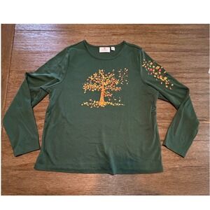 Quacker Factory Womens Large Dark Green Fall Embroidered Tree Long Sleeve Shirt